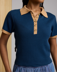 Known Suppply Zuri Knit Polo in Sapphire/Latte