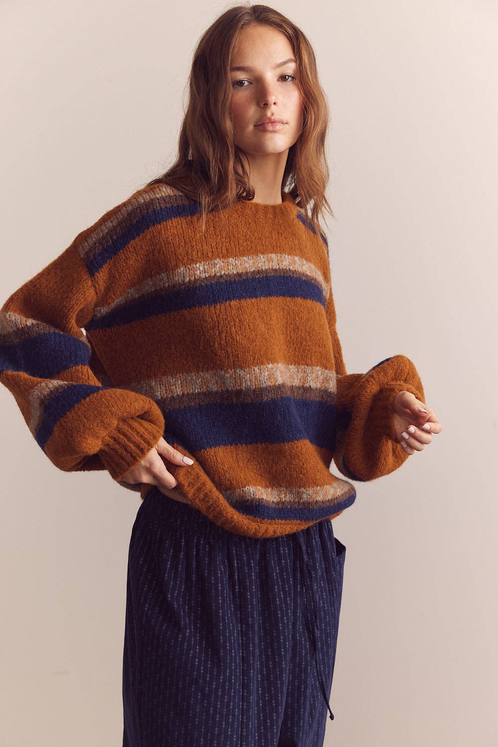 Baby alpaca wool blend crew neck sweater: Amber/Blue / Striped