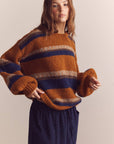 Baby alpaca wool blend crew neck sweater: Amber/Blue / Striped