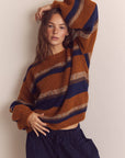 Baby alpaca wool blend crew neck sweater: Amber/Blue / Striped