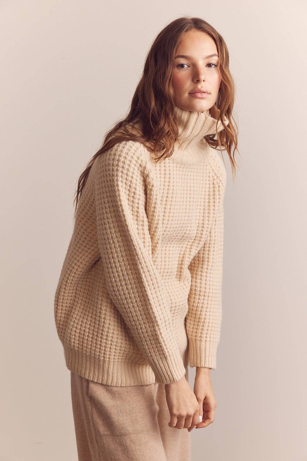 Wool Turtleneck Waffle Sweater: Cream