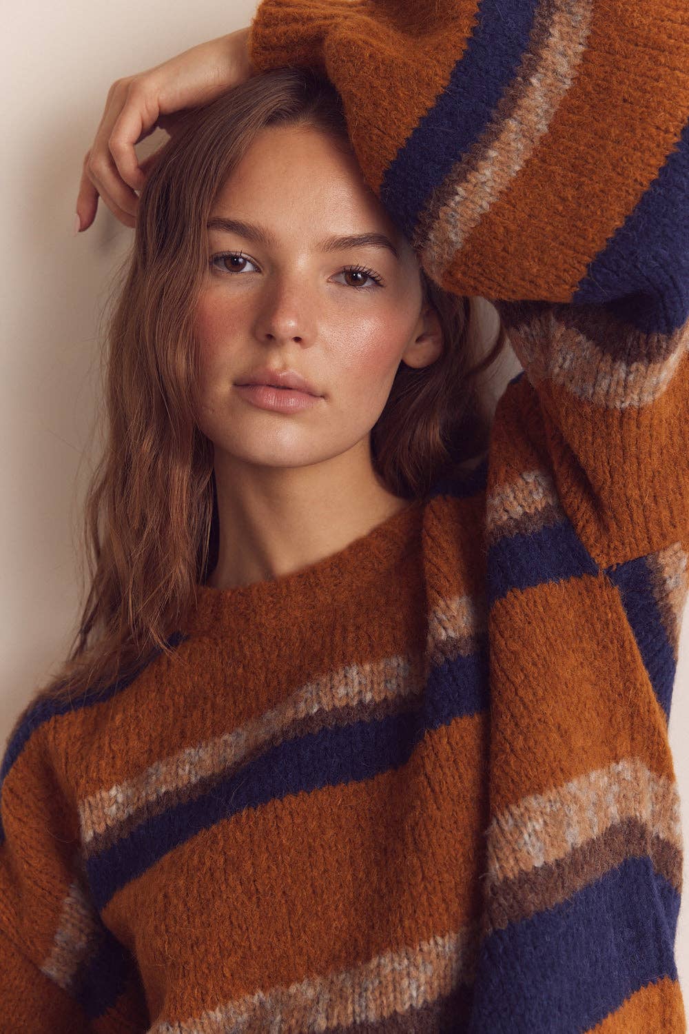 Baby alpaca wool blend crew neck sweater: Amber/Blue / Striped