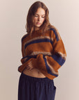 Baby alpaca wool blend crew neck sweater: Amber/Blue / Striped