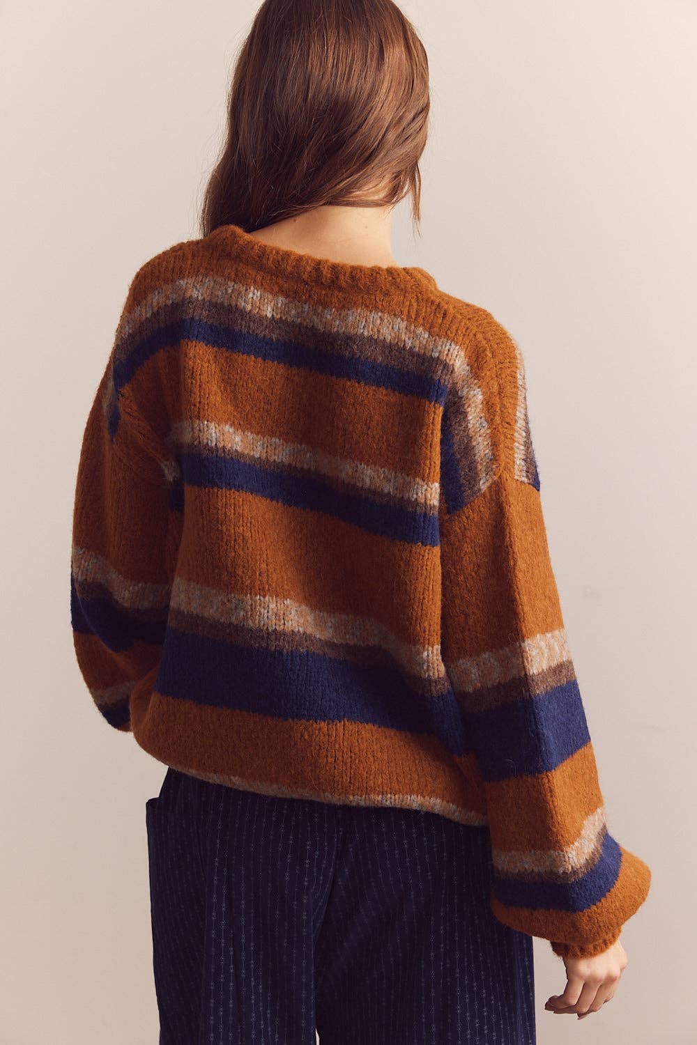 Baby alpaca wool blend crew neck sweater: Amber/Blue / Striped