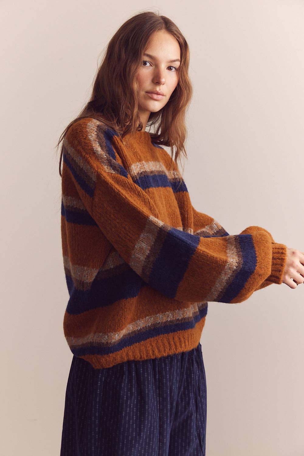 Baby alpaca wool blend crew neck sweater: Amber/Blue / Striped