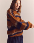 Baby alpaca wool blend crew neck sweater: Amber/Blue / Striped