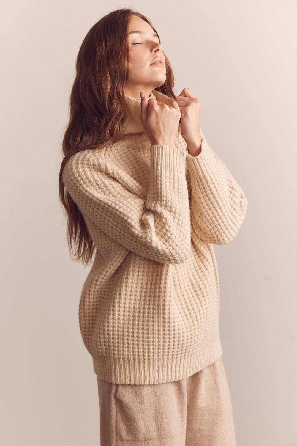 Wool Turtleneck Waffle Sweater: Cream