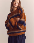 Baby alpaca wool blend crew neck sweater: Amber/Blue / Striped