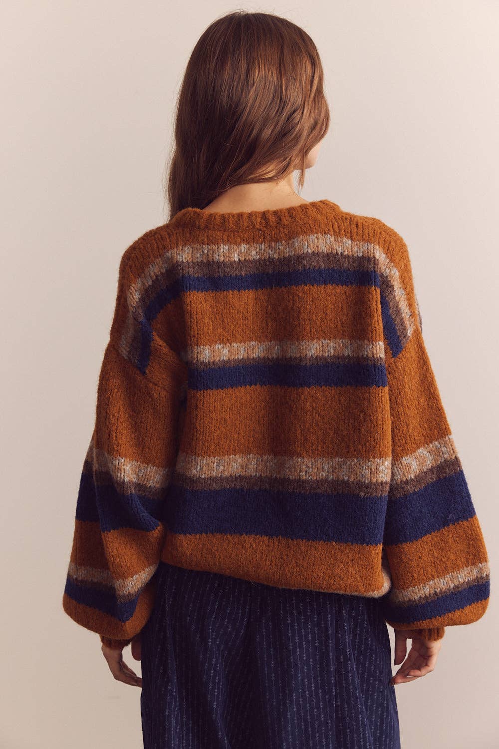 Baby alpaca wool blend crew neck sweater: Amber/Blue / Striped