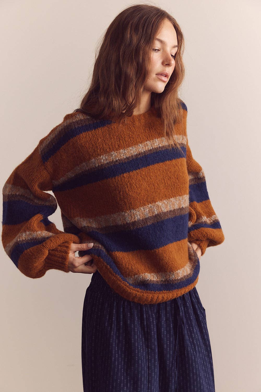 Baby alpaca wool blend crew neck sweater: Amber/Blue / Striped