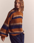 Baby alpaca wool blend crew neck sweater: Amber/Blue / Striped