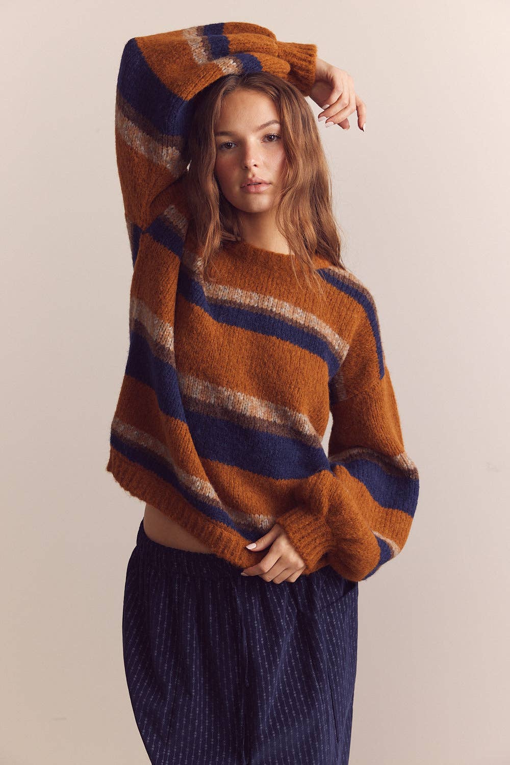 Baby alpaca wool blend crew neck sweater: Amber/Blue / Striped