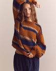 Baby alpaca wool blend crew neck sweater: Amber/Blue / Striped