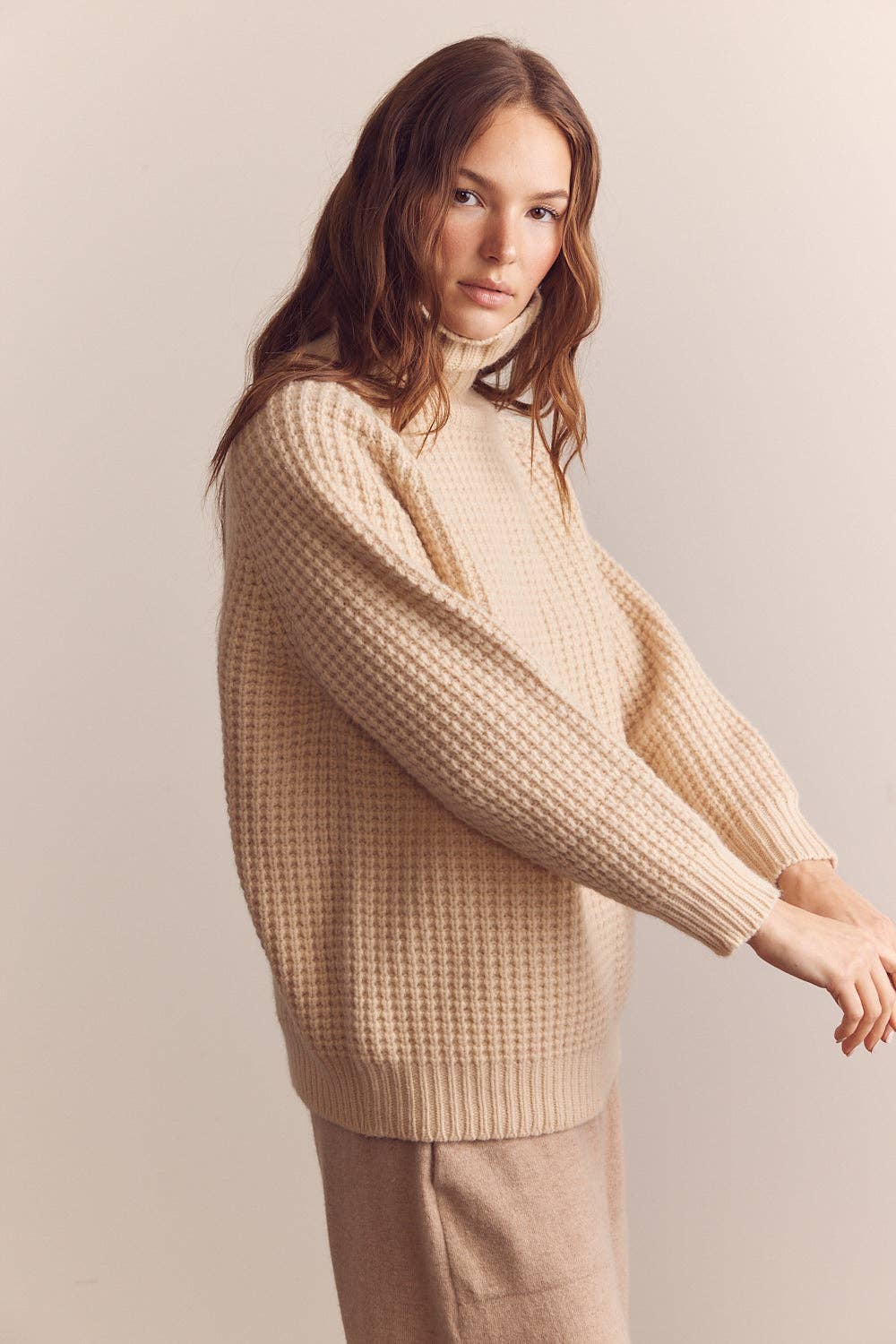 Wool Turtleneck Waffle Sweater: Cream