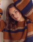 Baby alpaca wool blend crew neck sweater: Amber/Blue / Striped