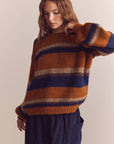 Baby alpaca wool blend crew neck sweater: Amber/Blue / Striped